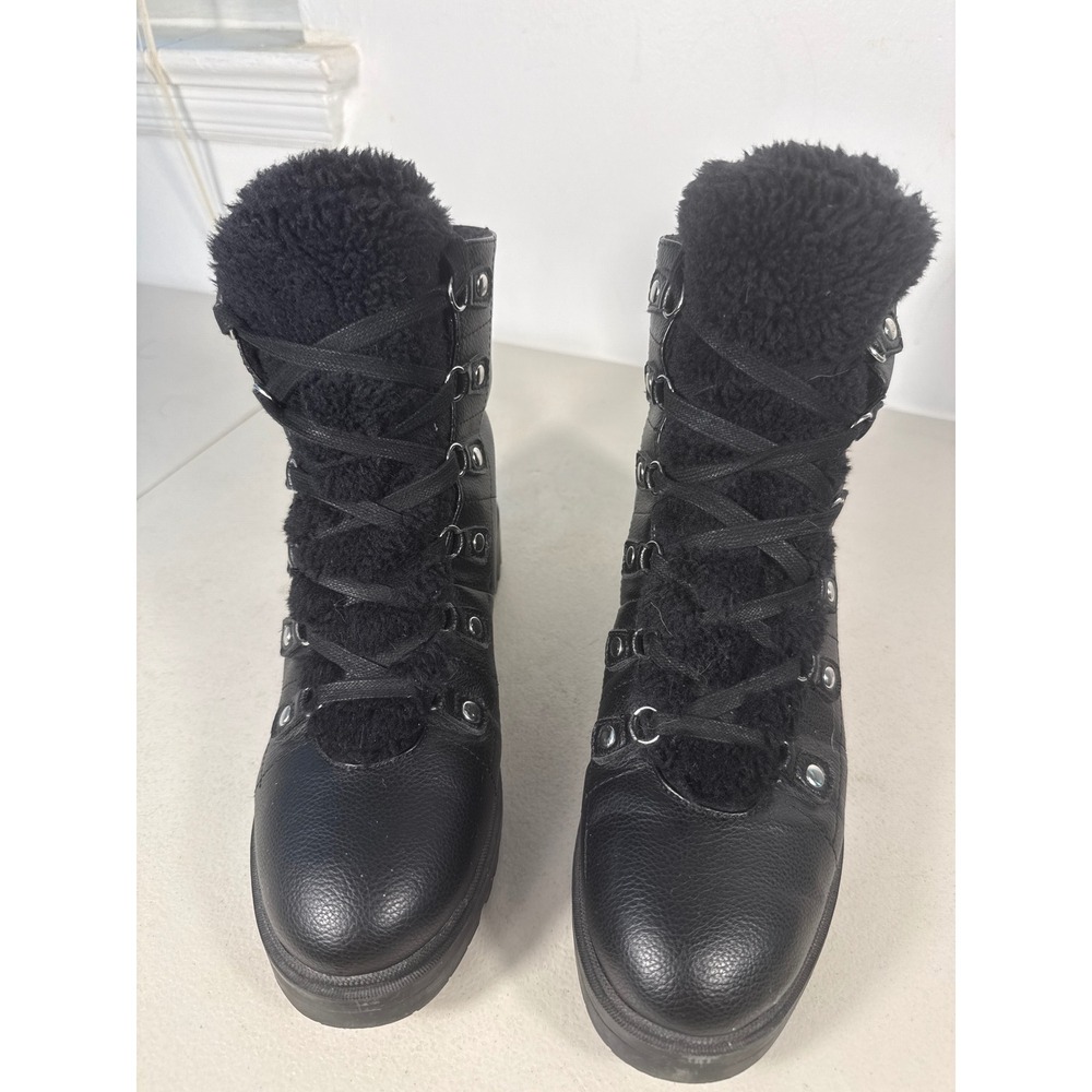 Nine West Women Black Faux Leather Faux Fur Lined Lace Up Combat Boots Size 10 M